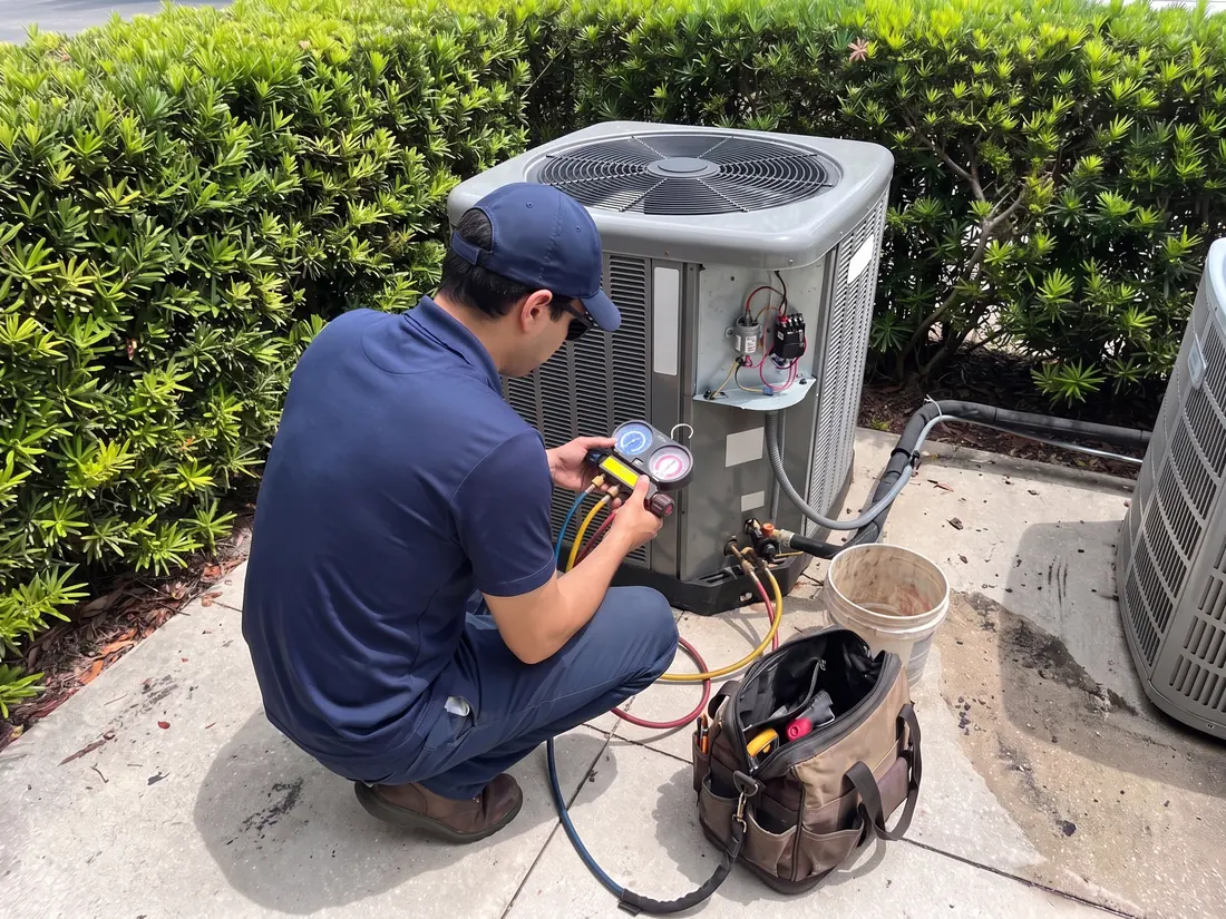 Technician reading a gauge set connected to an outdoor AC unit